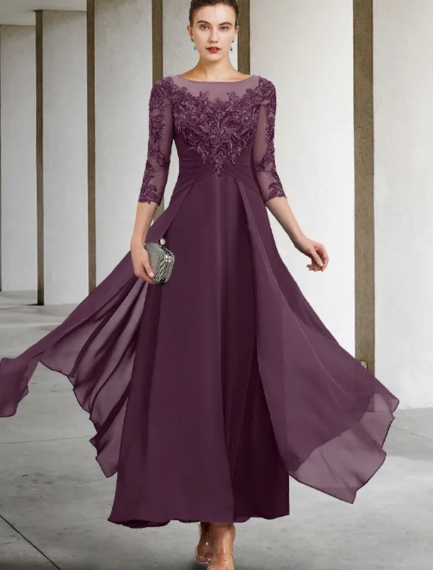 A-Line Mother of the Bride Dress Wedding Guest Elegant Plus Size Jewel Neck Ankle Length Chiffon Lace 3/4 Length Sleeve with Ruched Sequin Appliques free custom size