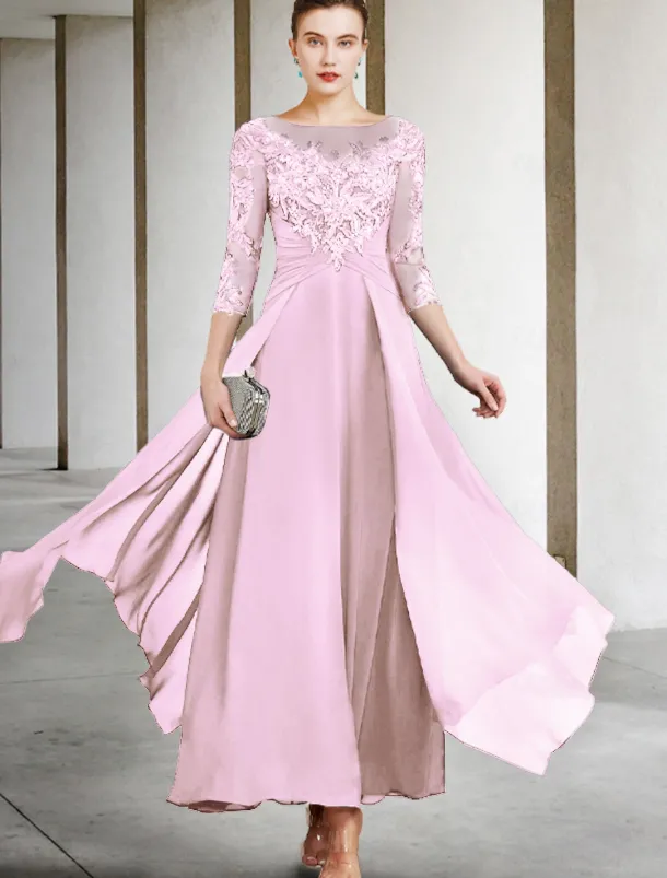 A-Line Mother of the Bride Dress Wedding Guest Elegant Plus Size Jewel Neck Ankle Length Chiffon Lace 3/4 Length Sleeve with Ruched Sequin Appliques free custom size