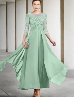 A-Line Mother of the Bride Dress Wedding Guest Elegant Plus Size Jewel Neck Ankle Length Chiffon Lace 3/4 Length Sleeve with Ruched Sequin Appliques free custom size