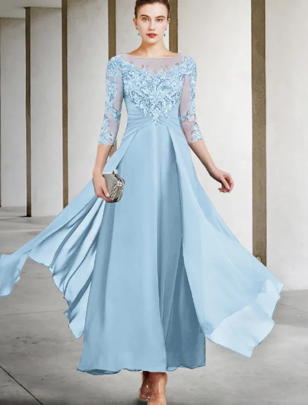 A-Line Mother of the Bride Dress Wedding Guest Elegant Plus Size Jewel Neck Ankle Length Chiffon Lace 3/4 Length Sleeve with Ruched Sequin Appliques free custom size