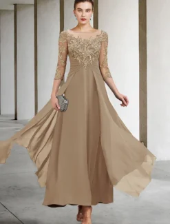 A-Line Mother of the Bride Dress Wedding Guest Elegant Plus Size Jewel Neck Ankle Length Chiffon Lace 3/4 Length Sleeve with Ruched Sequin Appliques free custom size