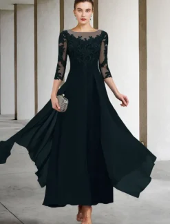 A-Line Mother of the Bride Dress Wedding Guest Elegant Plus Size Jewel Neck Ankle Length Chiffon Lace 3/4 Length Sleeve with Ruched Sequin Appliques free custom size