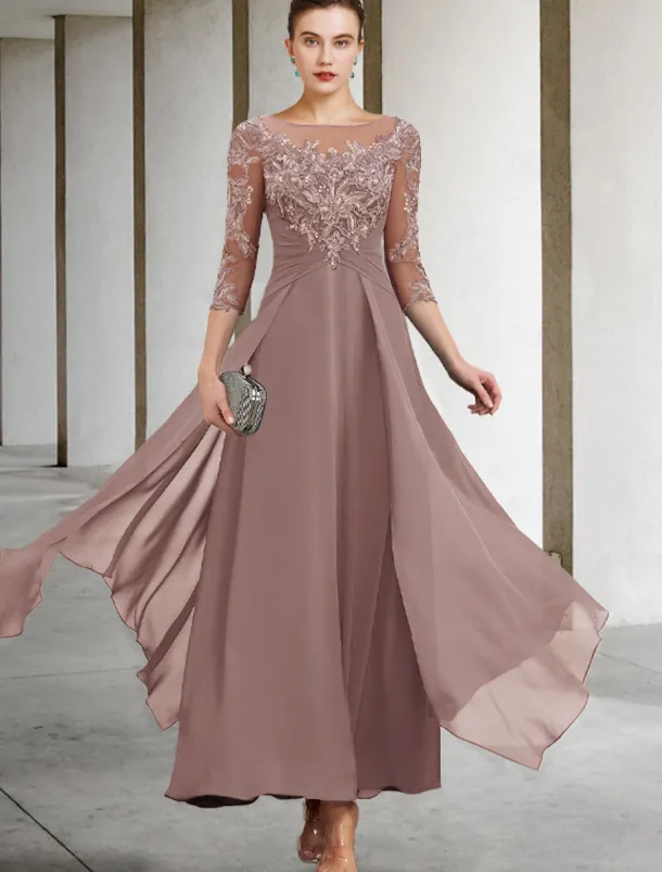 A-Line Mother of the Bride Dress Wedding Guest Elegant Plus Size Jewel Neck Ankle Length Chiffon Lace 3/4 Length Sleeve with Ruched Sequin Appliques free custom size