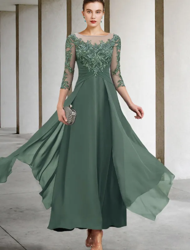 A-Line Mother of the Bride Dress Wedding Guest Elegant Plus Size Jewel Neck Ankle Length Chiffon Lace 3/4 Length Sleeve with Ruched Sequin Appliques free custom size