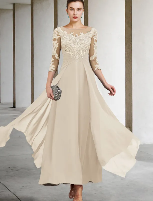 A-Line Mother of the Bride Dress Wedding Guest Elegant Plus Size Jewel Neck Ankle Length Chiffon Lace 3/4 Length Sleeve with Ruched Sequin Appliques free custom size