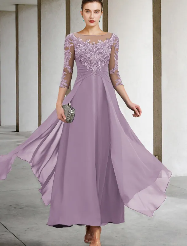 A-Line Mother of the Bride Dress Wedding Guest Elegant Plus Size Jewel Neck Ankle Length Chiffon Lace 3/4 Length Sleeve with Ruched Sequin Appliques free custom size