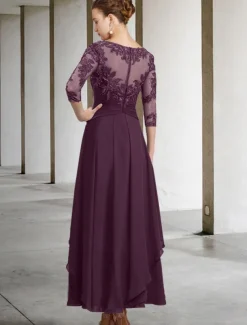 A-Line Mother of the Bride Dress Wedding Guest Elegant Plus Size Jewel Neck Ankle Length Chiffon Lace 3/4 Length Sleeve with Ruched Sequin Appliques free custom size