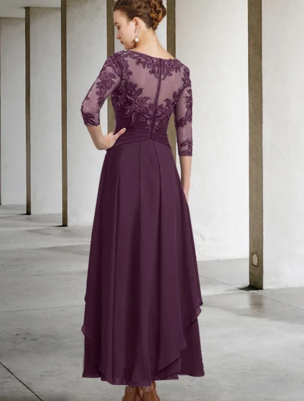 A-Line Mother of the Bride Dress Wedding Guest Elegant Plus Size Jewel Neck Ankle Length Chiffon Lace 3/4 Length Sleeve with Ruched Sequin Appliques free custom size
