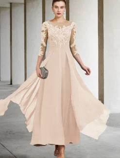 A-Line Mother of the Bride Dress Wedding Guest Elegant Plus Size Jewel Neck Ankle Length Chiffon Lace 3/4 Length Sleeve with Ruched Sequin Appliques free custom size