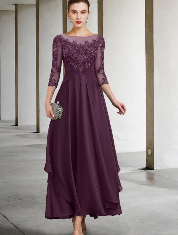 A-Line Mother of the Bride Dress Wedding Guest Elegant Plus Size Jewel Neck Ankle Length Chiffon Lace 3/4 Length Sleeve with Ruched Sequin Appliques free custom size