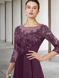 A-Line Mother of the Bride Dress Wedding Guest Elegant Plus Size Jewel Neck Ankle Length Chiffon Lace 3/4 Length Sleeve with Ruched Sequin Appliques free custom size