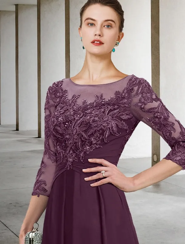 A-Line Mother of the Bride Dress Wedding Guest Elegant Plus Size Jewel Neck Ankle Length Chiffon Lace 3/4 Length Sleeve with Ruched Sequin Appliques free custom size