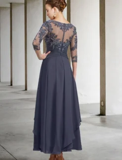 A-Line Mother of the Bride Dress Wedding Guest Elegant Plus Size Jewel Neck Ankle Length Chiffon Lace 3/4 Length Sleeve with Ruched Sequin Appliques free custom size