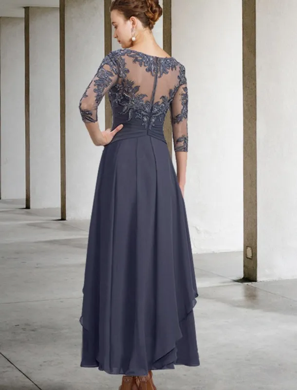 A-Line Mother of the Bride Dress Wedding Guest Elegant Plus Size Jewel Neck Ankle Length Chiffon Lace 3/4 Length Sleeve with Ruched Sequin Appliques free custom size