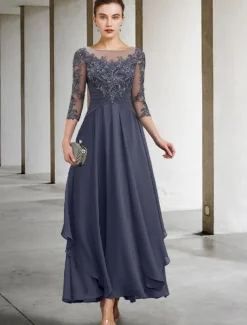 A-Line Mother of the Bride Dress Wedding Guest Elegant Plus Size Jewel Neck Ankle Length Chiffon Lace 3/4 Length Sleeve with Ruched Sequin Appliques free custom size