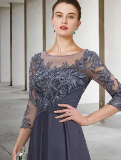 A-Line Mother of the Bride Dress Wedding Guest Elegant Plus Size Jewel Neck Ankle Length Chiffon Lace 3/4 Length Sleeve with Ruched Sequin Appliques free custom size