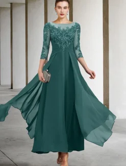 A-Line Mother of the Bride Dress Wedding Guest Elegant Plus Size Jewel Neck Ankle Length Chiffon Lace 3/4 Length Sleeve with Ruched Sequin Appliques free custom size