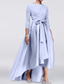 A-Line Mother of the Bride Dress Wedding Guest Elegant Plus Size High Low Jewel Neck Asymmetrical Satin Lace 3/4 Length Sleeve with Sash / Ribbon Appliques free custom size