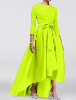 A-Line Mother of the Bride Dress Wedding Guest Elegant Plus Size High Low Jewel Neck Asymmetrical Satin Lace 3/4 Length Sleeve with Sash / Ribbon Appliques free custom size