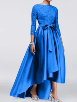 A-Line Mother of the Bride Dress Wedding Guest Elegant Plus Size High Low Jewel Neck Asymmetrical Satin Lace 3/4 Length Sleeve with Sash / Ribbon Appliques free custom size