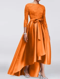 A-Line Mother of the Bride Dress Wedding Guest Elegant Plus Size High Low Jewel Neck Asymmetrical Satin Lace 3/4 Length Sleeve with Sash / Ribbon Appliques free custom size