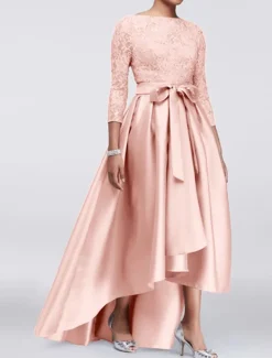 A-Line Mother of the Bride Dress Wedding Guest Elegant Plus Size High Low Jewel Neck Asymmetrical Satin Lace 3/4 Length Sleeve with Sash / Ribbon Appliques free custom size