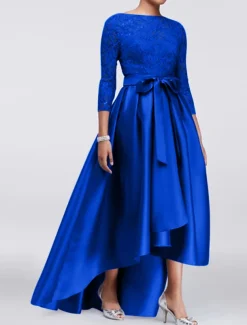 A-Line Mother of the Bride Dress Wedding Guest Elegant Plus Size High Low Jewel Neck Asymmetrical Satin Lace 3/4 Length Sleeve with Sash / Ribbon Appliques free custom size