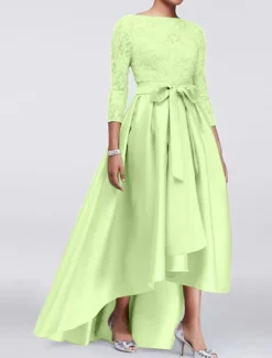 A-Line Mother of the Bride Dress Wedding Guest Elegant Plus Size High Low Jewel Neck Asymmetrical Satin Lace 3/4 Length Sleeve with Sash / Ribbon Appliques free custom size