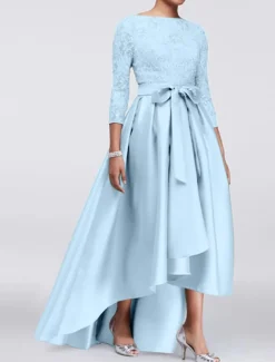 A-Line Mother of the Bride Dress Wedding Guest Elegant Plus Size High Low Jewel Neck Asymmetrical Satin Lace 3/4 Length Sleeve with Sash / Ribbon Appliques free custom size