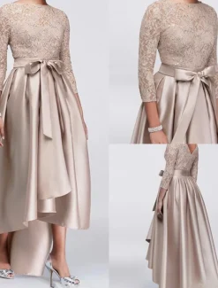 A-Line Mother of the Bride Dress Wedding Guest Elegant Plus Size High Low Jewel Neck Asymmetrical Satin Lace 3/4 Length Sleeve with Sash / Ribbon Appliques free custom size
