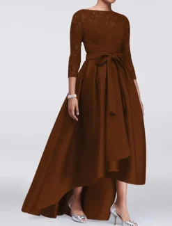 A-Line Mother of the Bride Dress Wedding Guest Elegant Plus Size High Low Jewel Neck Asymmetrical Satin Lace 3/4 Length Sleeve with Sash / Ribbon Appliques free custom size