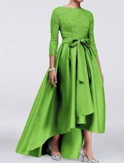 A-Line Mother of the Bride Dress Wedding Guest Elegant Plus Size High Low Jewel Neck Asymmetrical Satin Lace 3/4 Length Sleeve with Sash / Ribbon Appliques free custom size