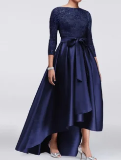 A-Line Mother of the Bride Dress Wedding Guest Elegant Plus Size High Low Jewel Neck Asymmetrical Satin Lace 3/4 Length Sleeve with Sash / Ribbon Appliques free custom size