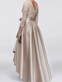 A-Line Mother of the Bride Dress Wedding Guest Elegant Plus Size High Low Jewel Neck Asymmetrical Satin Lace 3/4 Length Sleeve with Sash / Ribbon Appliques free custom size