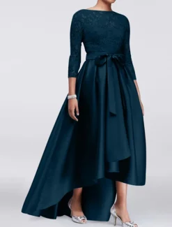 A-Line Mother of the Bride Dress Wedding Guest Elegant Plus Size High Low Jewel Neck Asymmetrical Satin Lace 3/4 Length Sleeve with Sash / Ribbon Appliques free custom size