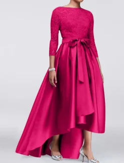 A-Line Mother of the Bride Dress Wedding Guest Elegant Plus Size High Low Jewel Neck Asymmetrical Satin Lace 3/4 Length Sleeve with Sash / Ribbon Appliques free custom size