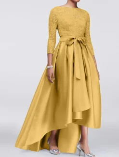 A-Line Mother of the Bride Dress Wedding Guest Elegant Plus Size High Low Jewel Neck Asymmetrical Satin Lace 3/4 Length Sleeve with Sash / Ribbon Appliques free custom size