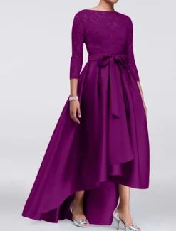 A-Line Mother of the Bride Dress Wedding Guest Elegant Plus Size High Low Jewel Neck Asymmetrical Satin Lace 3/4 Length Sleeve with Sash / Ribbon Appliques free custom size