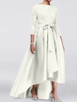 A-Line Mother of the Bride Dress Wedding Guest Elegant Plus Size High Low Jewel Neck Asymmetrical Satin Lace 3/4 Length Sleeve with Sash / Ribbon Appliques free custom size