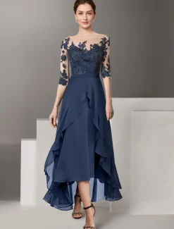 A-Line Mother of the Bride Dress Formal Wedding Guest Elegant High Low Off Shoulder Ankle Length Chiffon Lace Half Sleeve with Pleats Appliques free custom size