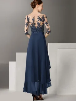 A-Line Mother of the Bride Dress Formal Wedding Guest Elegant High Low Off Shoulder Ankle Length Chiffon Lace Half Sleeve with Pleats Appliques free custom size