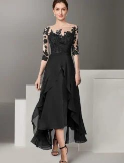 A-Line Mother of the Bride Dress Formal Wedding Guest Elegant High Low Off Shoulder Ankle Length Chiffon Lace Half Sleeve with Pleats Appliques free custom size