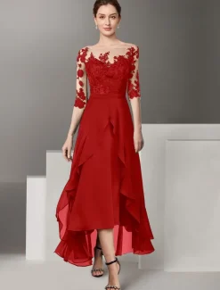 A-Line Mother of the Bride Dress Formal Wedding Guest Elegant High Low Off Shoulder Ankle Length Chiffon Lace Half Sleeve with Pleats Appliques free custom size