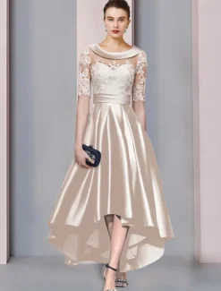 A-Line Mother of the Bride Dress Wedding Guest Elegant High Low Scoop Neck Asymmetrical Tea Length Satin Lace Half Sleeve with Appliques Race Day Dress free custom size