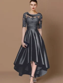 A-Line Mother of the Bride Dress Wedding Guest Elegant High Low Scoop Neck Asymmetrical Tea Length Satin Lace Half Sleeve with Appliques Race Day Dress free custom size