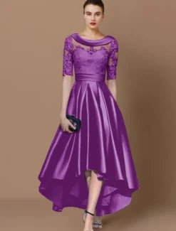 A-Line Mother of the Bride Dress Wedding Guest Elegant High Low Scoop Neck Asymmetrical Tea Length Satin Lace Half Sleeve with Appliques Race Day Dress free custom size