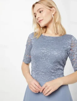 A-Line Mother of the Bride Dress Wedding Guest Elegant Petite Scoop Neck Knee Length Chiffon Half Sleeve with Pleats Solid Color free custom size