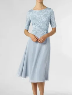 A-Line Mother of the Bride Dress Wedding Guest Elegant Petite Scoop Neck Knee Length Chiffon Half Sleeve with Pleats Solid Color free custom size