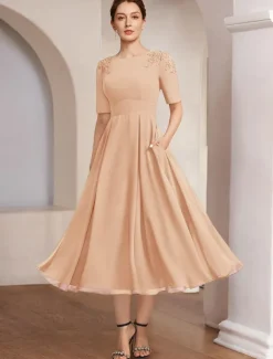 A-Line Mother of the Bride Dress Beach Wedding Formal Elegant Bateau Neck Tea Length Chiffon Half Sleeve with Lace free custom size