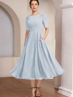 A-Line Mother of the Bride Dress Beach Wedding Formal Elegant Bateau Neck Tea Length Chiffon Half Sleeve with Lace free custom size